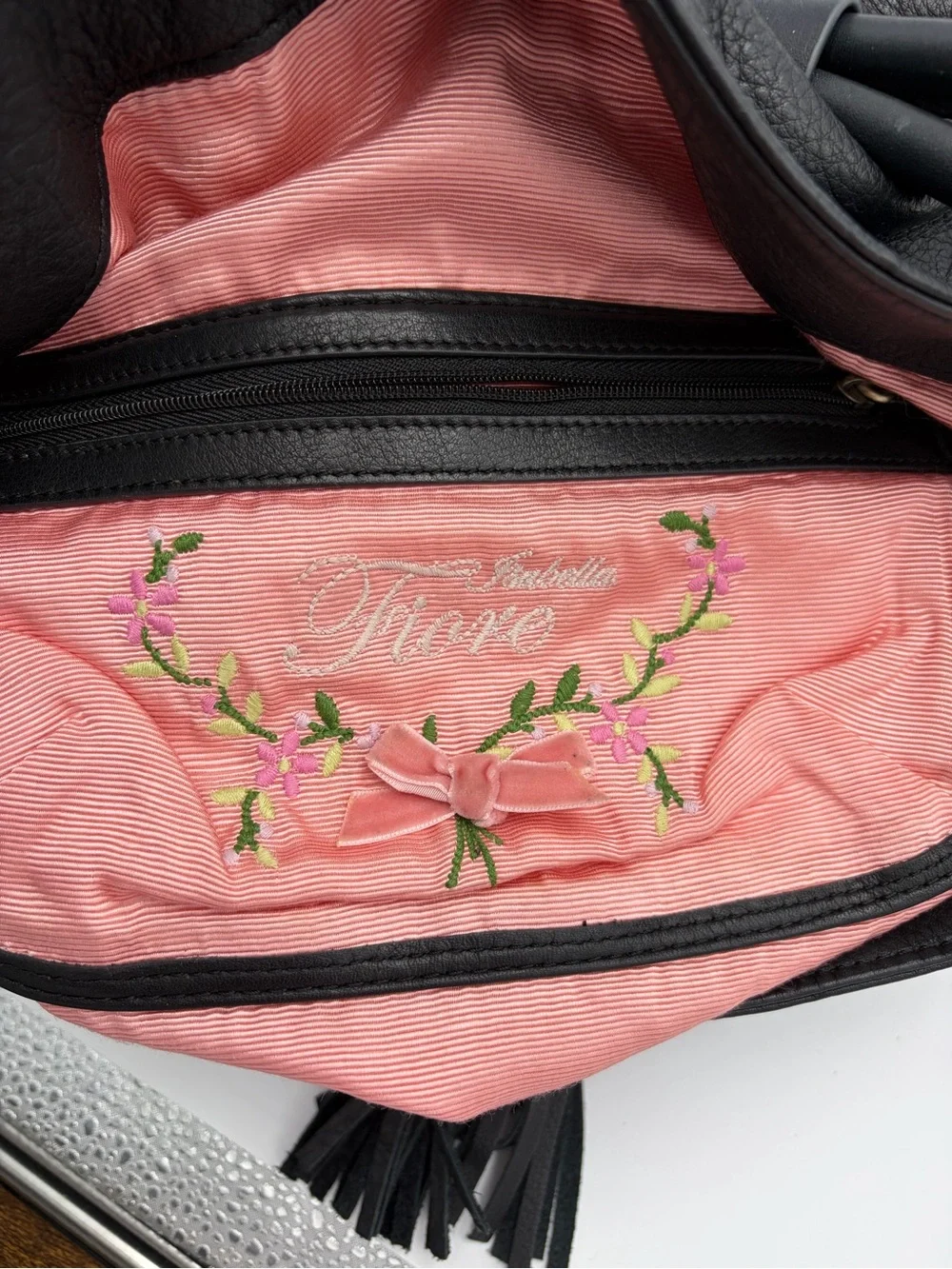 Rare Isabella Fiore Y2K Black Embroidered Leather Drawstring Hobo Bag